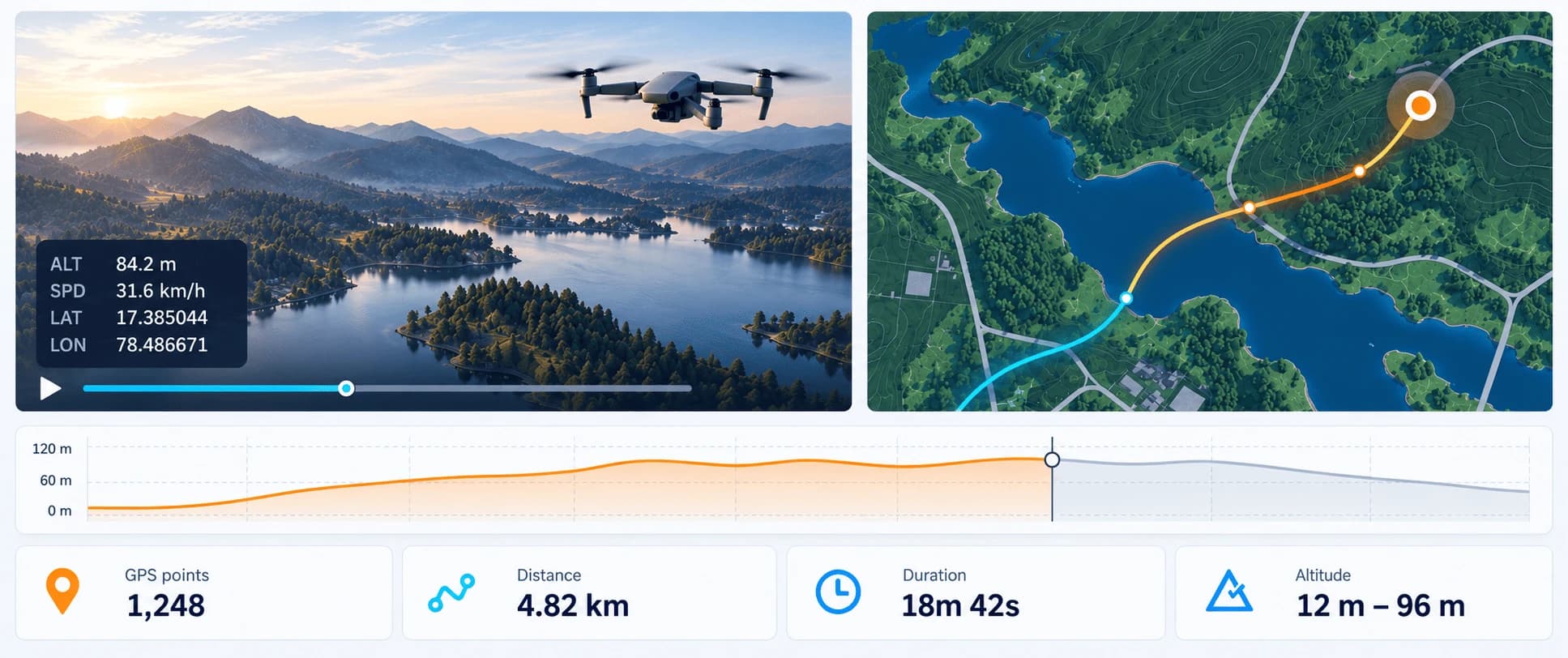 Aeroxpress player: drone video with a telemetry overlay, the synced flight path on a map, the altitude profile and flight statistics
